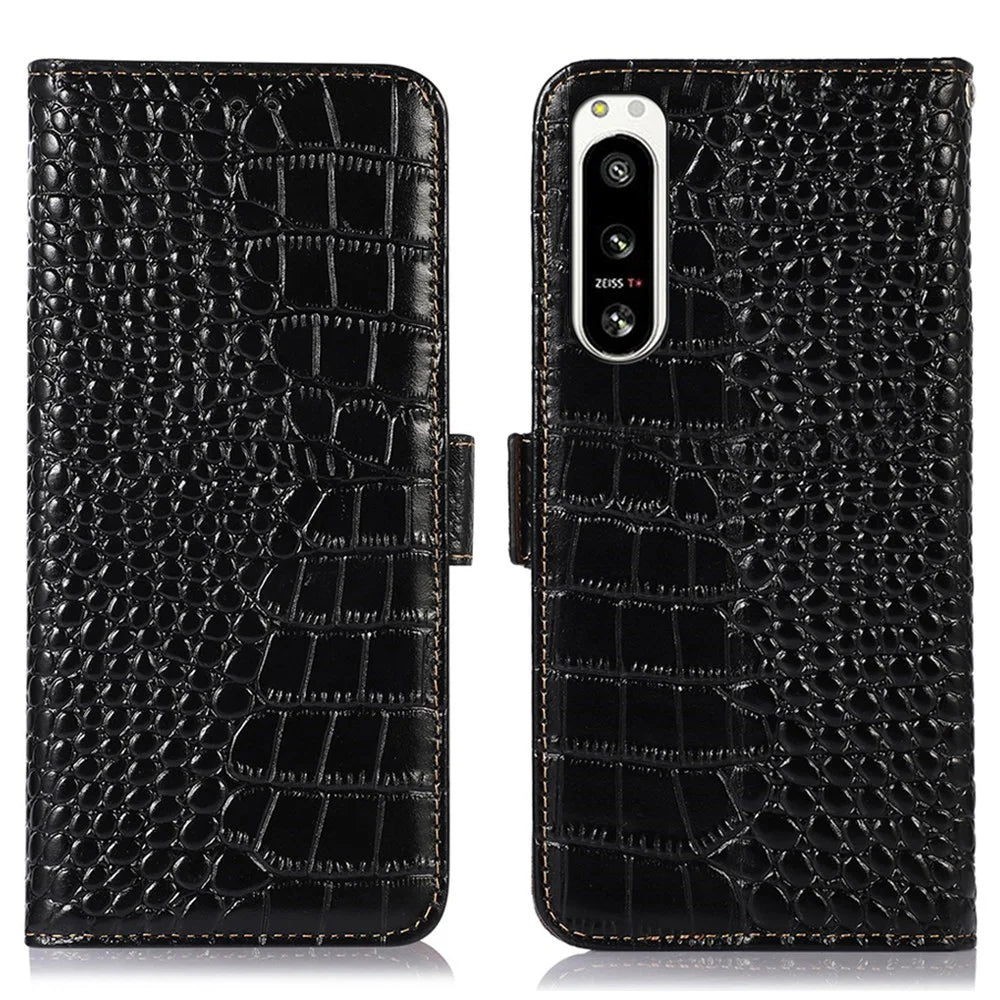 Genuine Cowhide Leather Case for Sony Xperia 5 IV 5G, Crocodile Texture Stand Wallet RFID Blocking Folio Flip Phone Cover - Black - 1