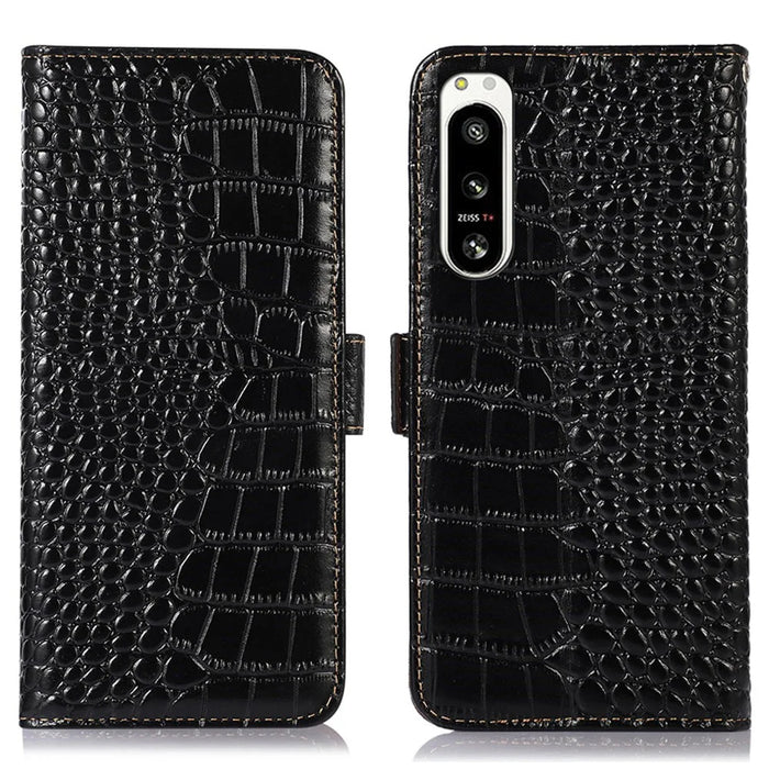 Genuine Cowhide Leather Case for Sony Xperia 5 IV 5G, Crocodile Texture Stand Wallet RFID Blocking Folio Flip Phone Cover - Black - 1