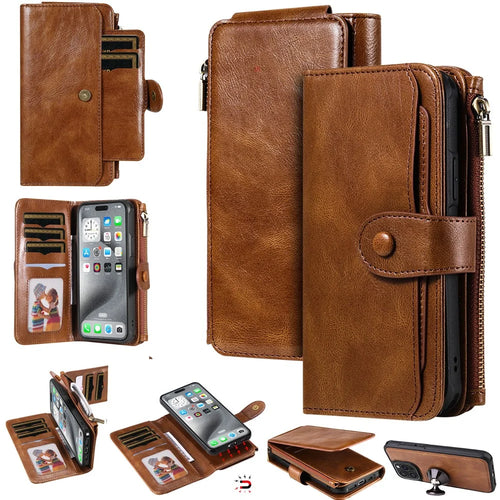 For iPhone 16 Pro Max Magnetic Case Detachable PU Leather Zipper Wallet Cover - Brown - 1