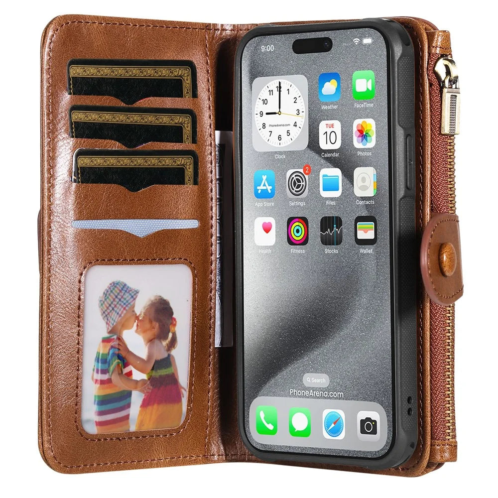 For iPhone 16 Pro Max Magnetic Case Detachable PU Leather Zipper Wallet Cover - Brown - 2