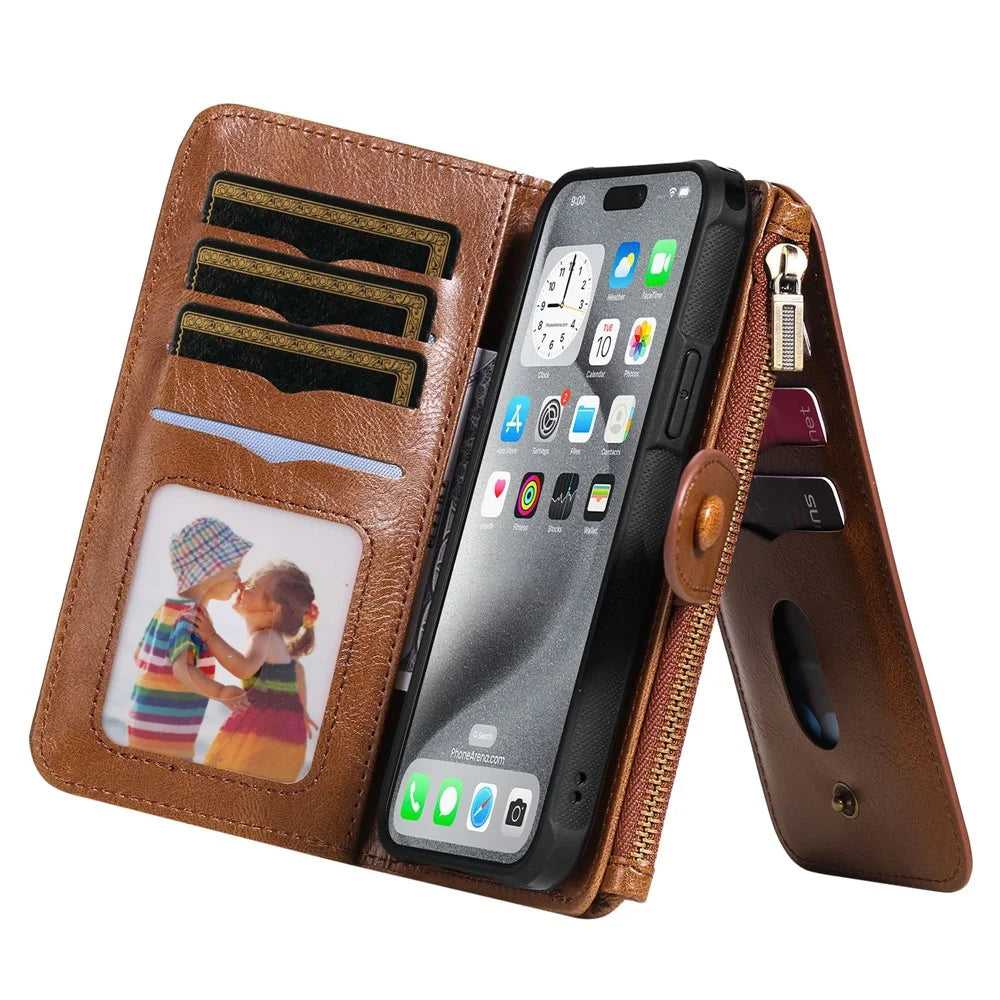 For iPhone 16 Pro Max Magnetic Case Detachable PU Leather Zipper Wallet Cover - Brown - 3