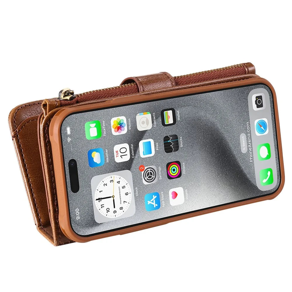 For iPhone 16 Pro Max Magnetic Case Detachable PU Leather Zipper Wallet Cover - Brown - 4