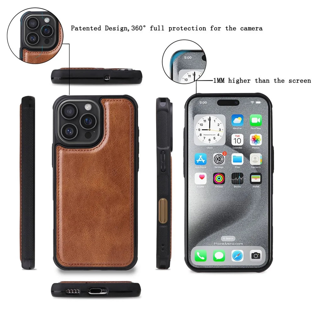 For iPhone 16 Pro Max Magnetic Case Detachable PU Leather Zipper Wallet Cover - Brown - 5