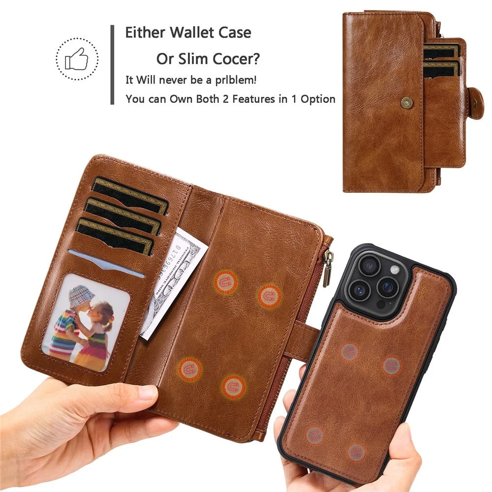 For iPhone 16 Pro Max Magnetic Case Detachable PU Leather Zipper Wallet Cover - Brown - 6