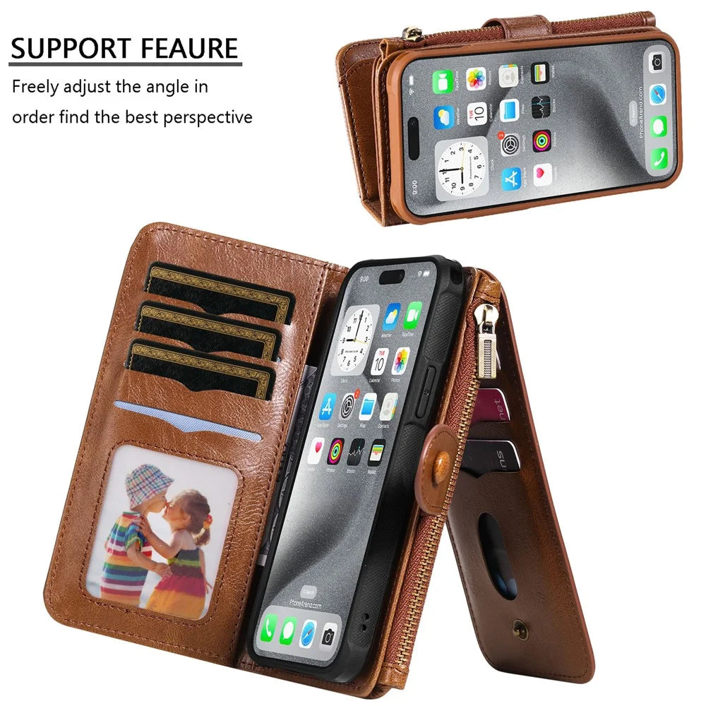 For iPhone 16 Pro Max Magnetic Case Detachable PU Leather Zipper Wallet Cover - Brown - 7