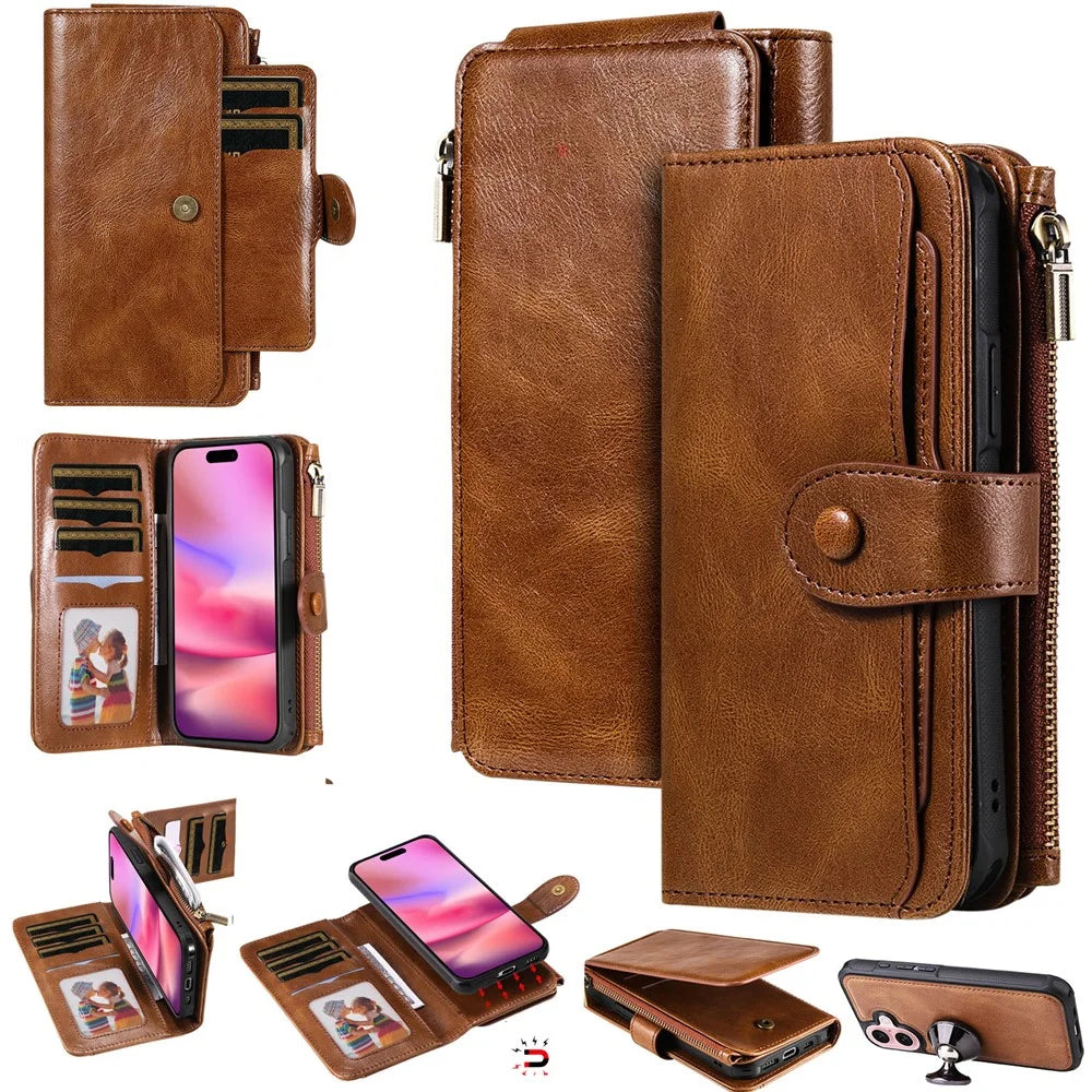 For iPhone 16 Magnetic Case Detachable PU Leather Zipper Wallet Cover - Brown - 1