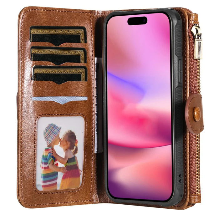 For iPhone 16 Magnetic Case Detachable PU Leather Zipper Wallet Cover - Brown - 2