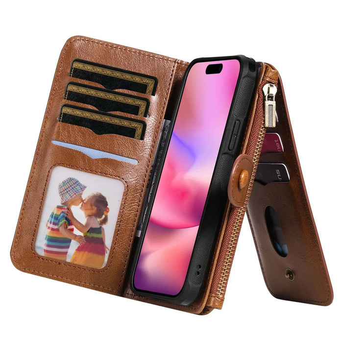 For iPhone 16 Magnetic Case Detachable PU Leather Zipper Wallet Cover - Brown - 3