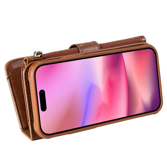 For iPhone 16 Magnetic Case Detachable PU Leather Zipper Wallet Cover - Brown - 4