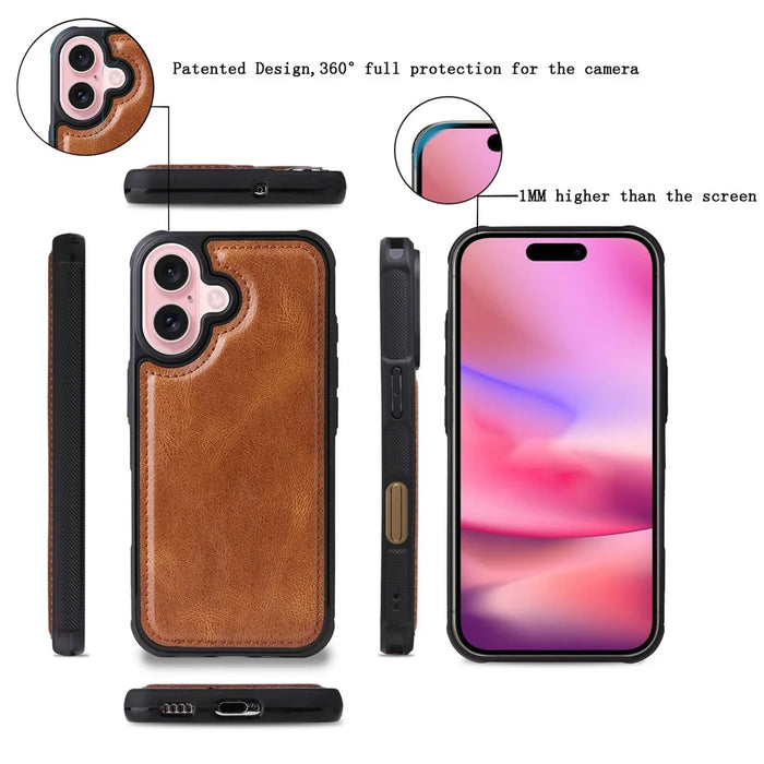 For iPhone 16 Magnetic Case Detachable PU Leather Zipper Wallet Cover - Brown - 5