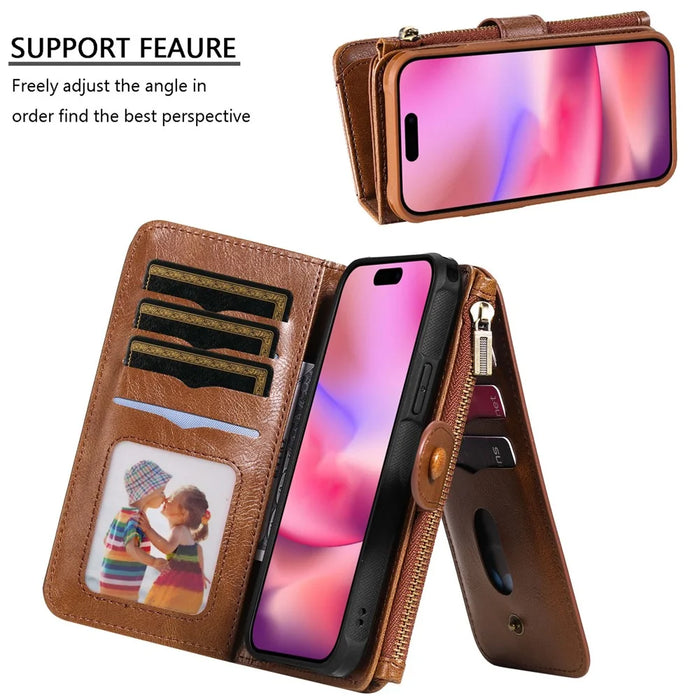 For iPhone 16 Magnetic Case Detachable PU Leather Zipper Wallet Cover - Brown - 7