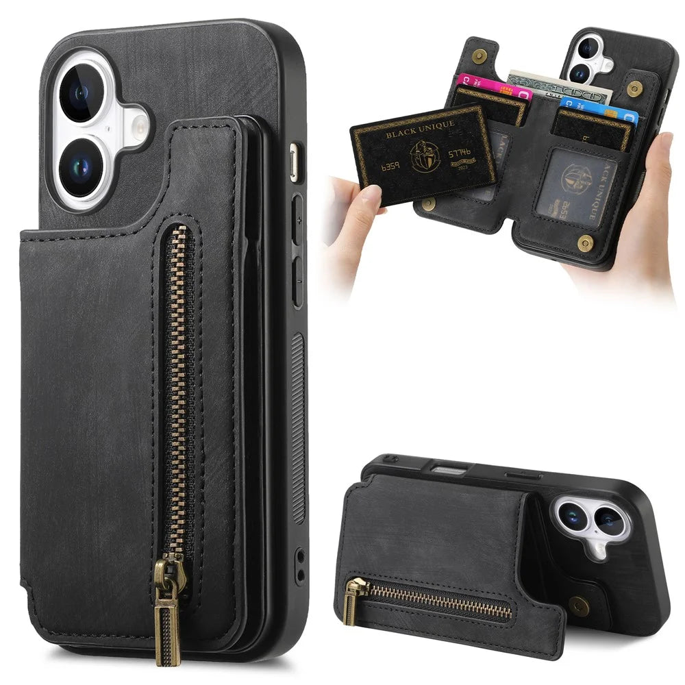 For iPhone 16 Pro Case with Card Holder Retro Leather+TPU Zipper Phone Cover - Black - 1