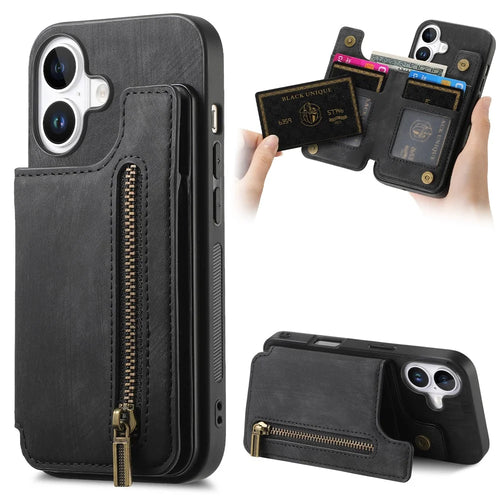 For iPhone 16 Pro Case with Card Holder Retro Leather+TPU Zipper Phone Cover - Black - 1