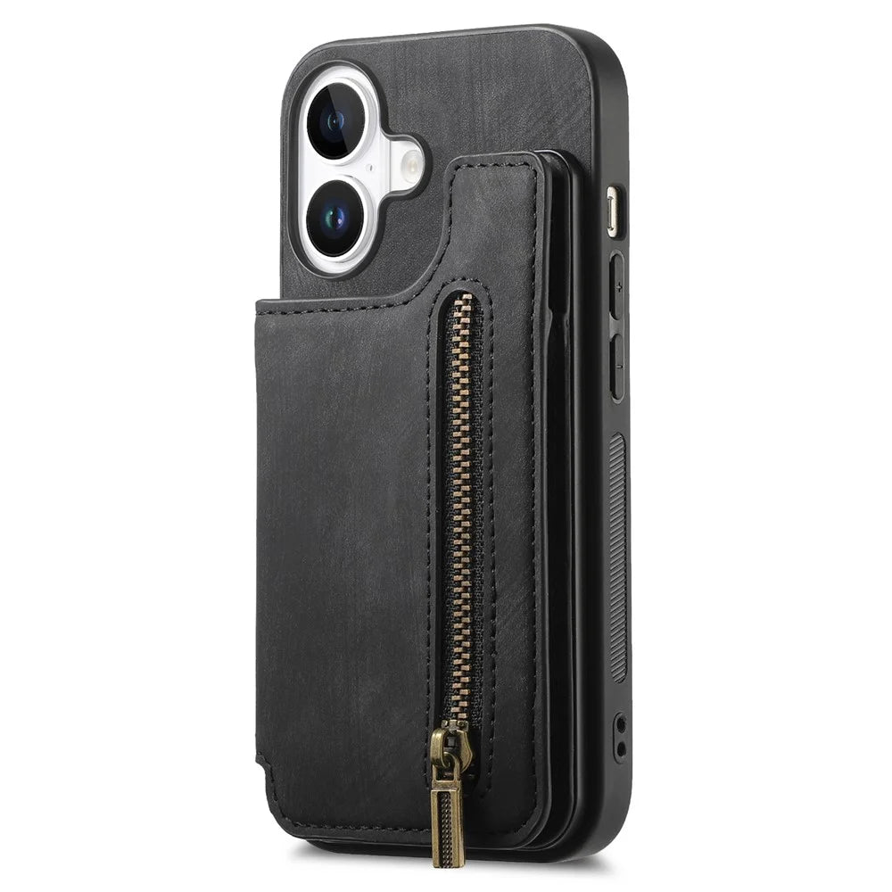 For iPhone 16 Pro Case with Card Holder Retro Leather+TPU Zipper Phone Cover - Black - 2