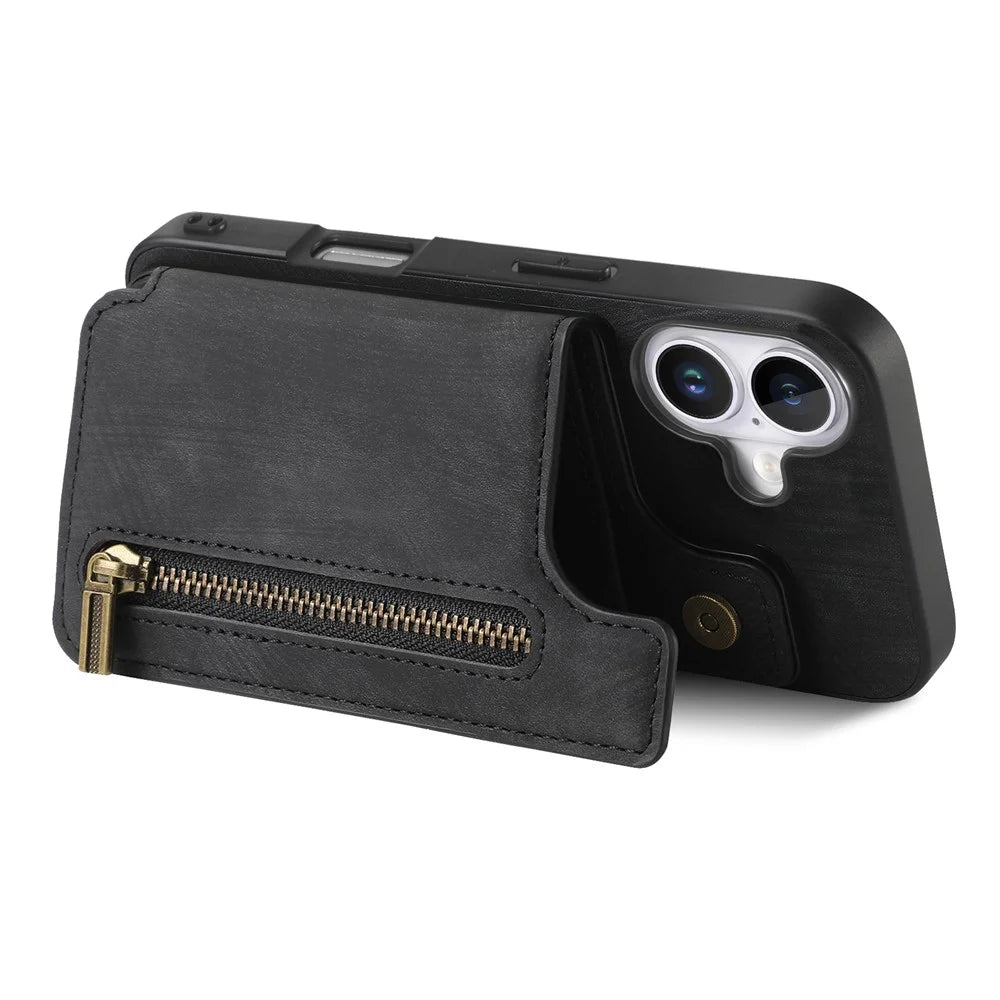 For iPhone 16 Pro Case with Card Holder Retro Leather+TPU Zipper Phone Cover - Black - 3