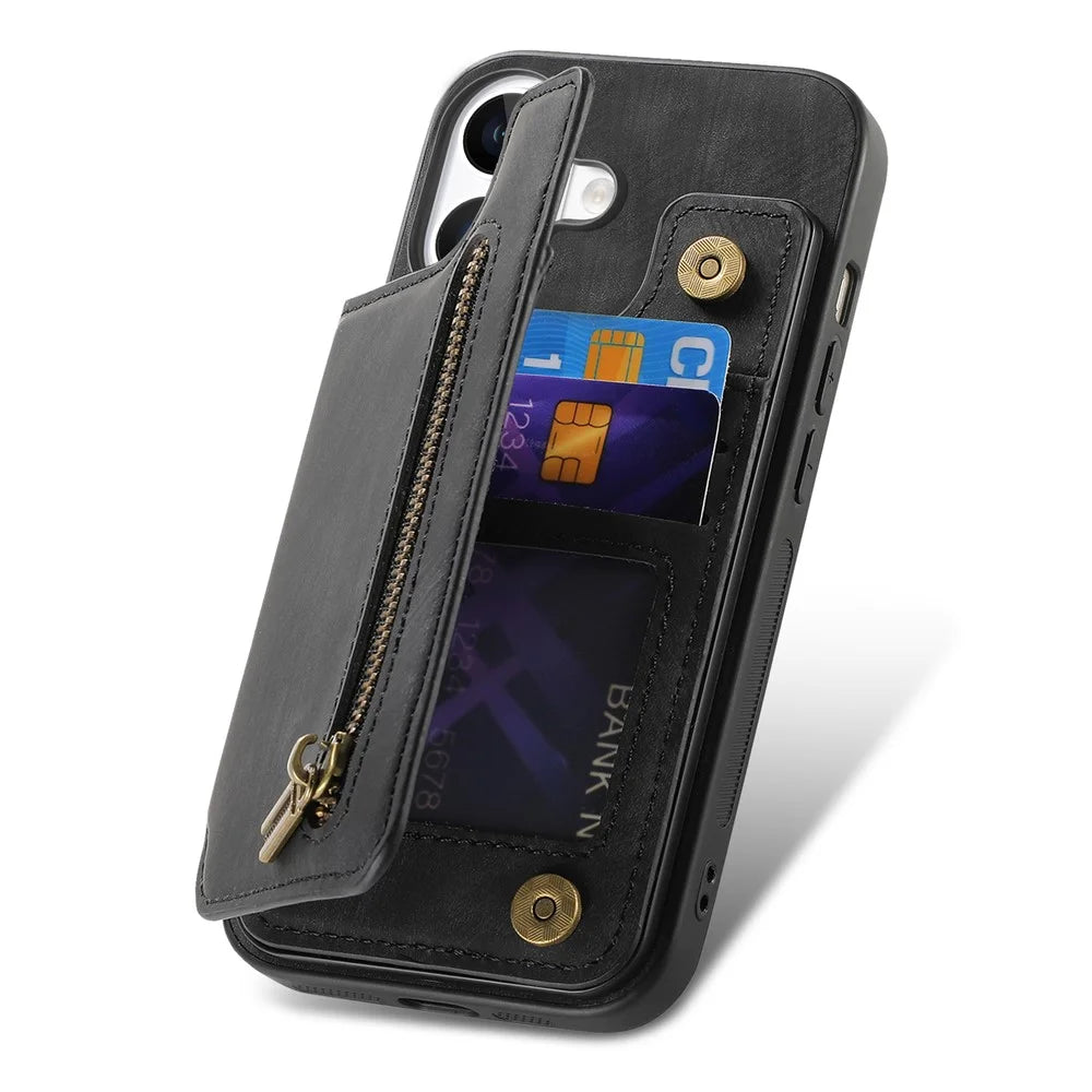 For iPhone 16 Pro Case with Card Holder Retro Leather+TPU Zipper Phone Cover - Black - 4