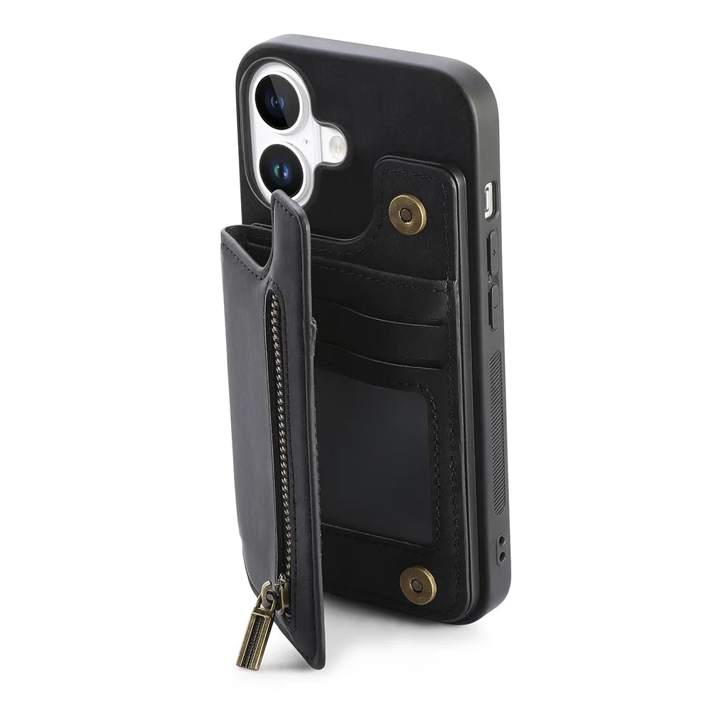 For iPhone 16 Pro Case with Card Holder Retro Leather+TPU Zipper Phone Cover - Black - 5