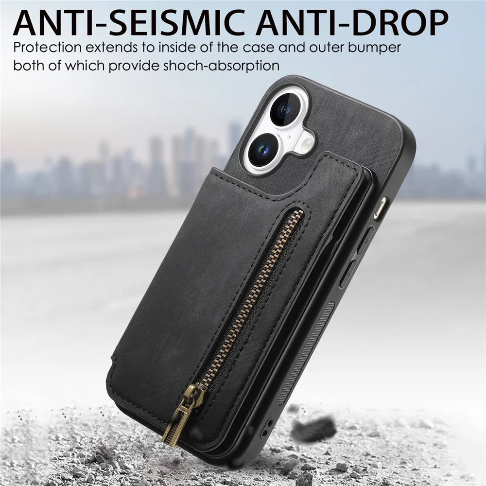 For iPhone 16 Pro Case with Card Holder Retro Leather+TPU Zipper Phone Cover - Black - 6