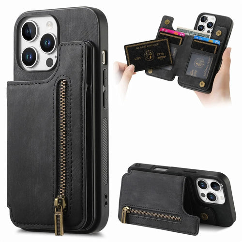 For iPhone 16 Pro Case with Zipper Card Holder Leather+TPU Phone Cover - Black - 1