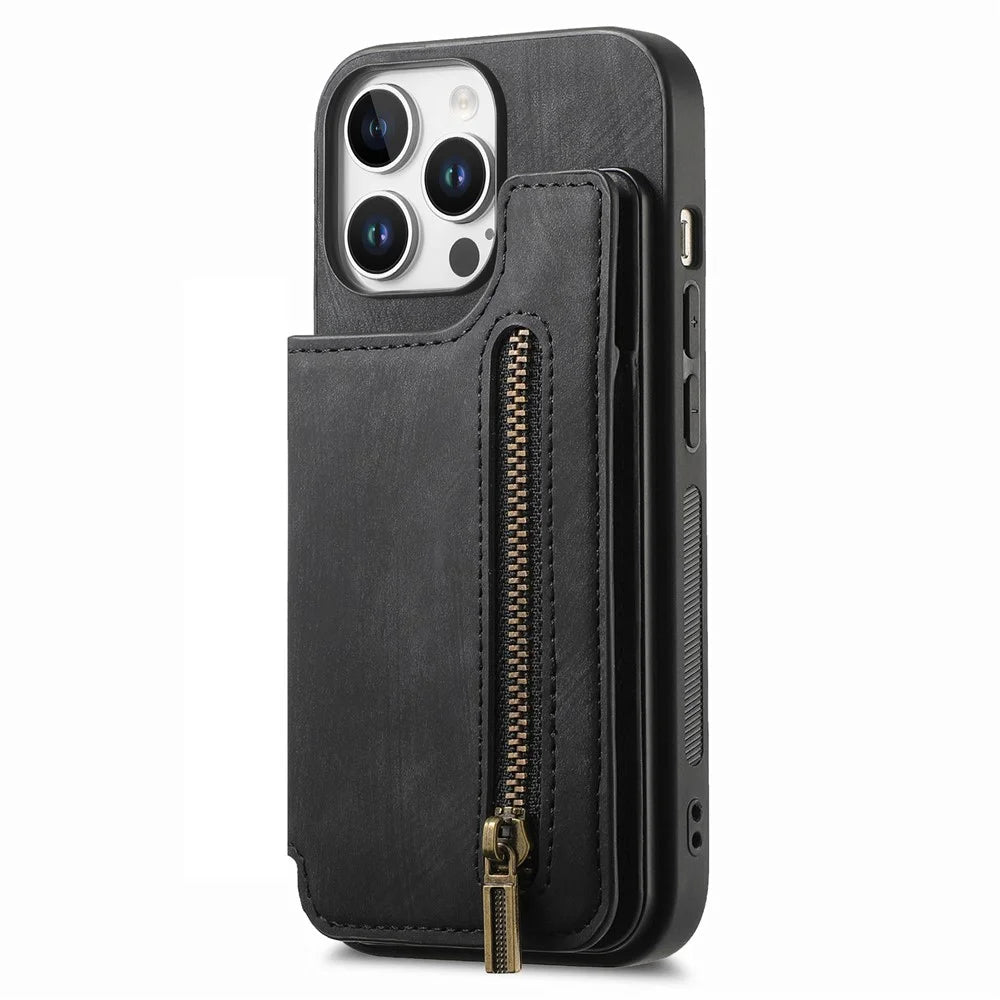 For iPhone 16 Pro Case with Zipper Card Holder Leather+TPU Phone Cover - Black - 2