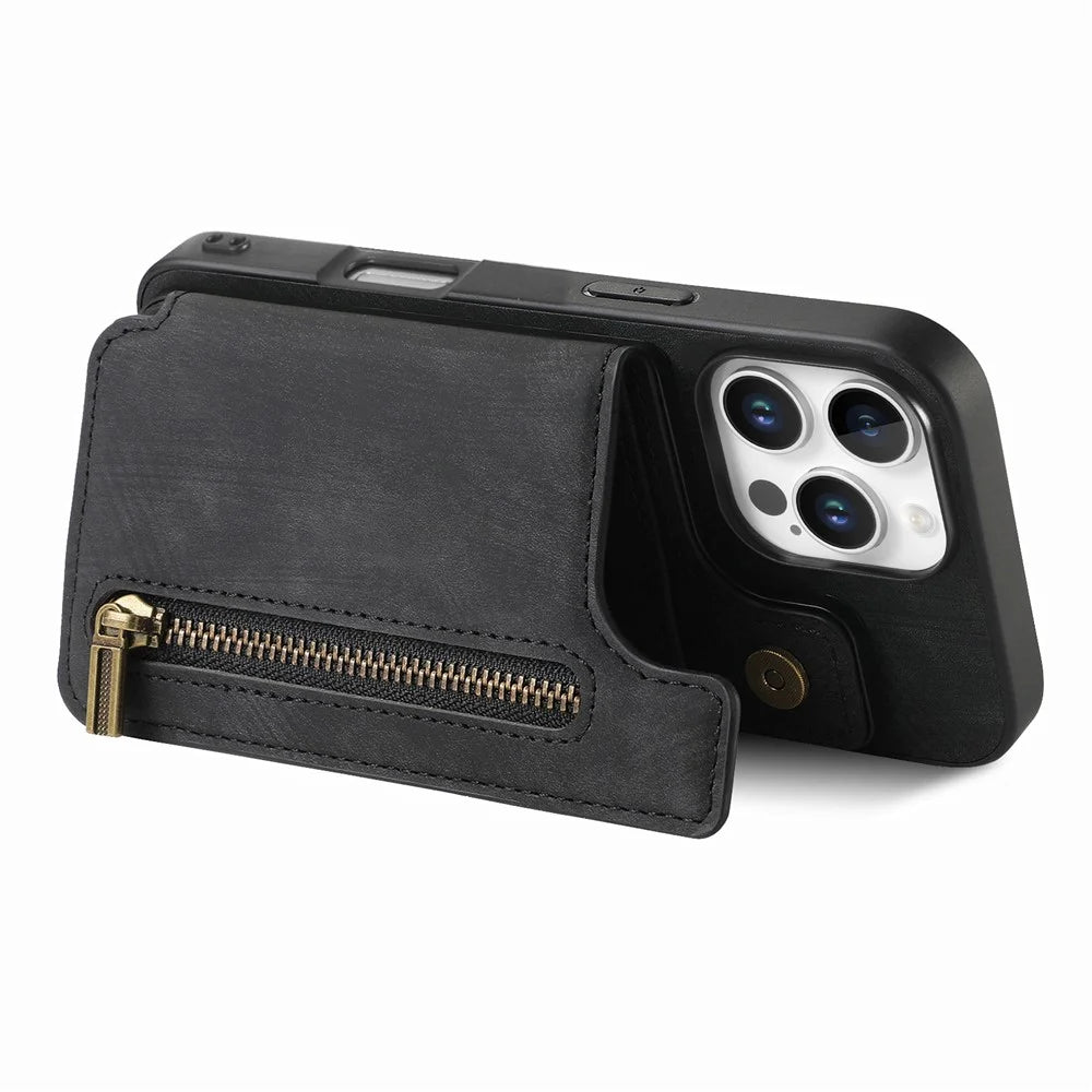For iPhone 16 Pro Case with Zipper Card Holder Leather+TPU Phone Cover - Black - 3