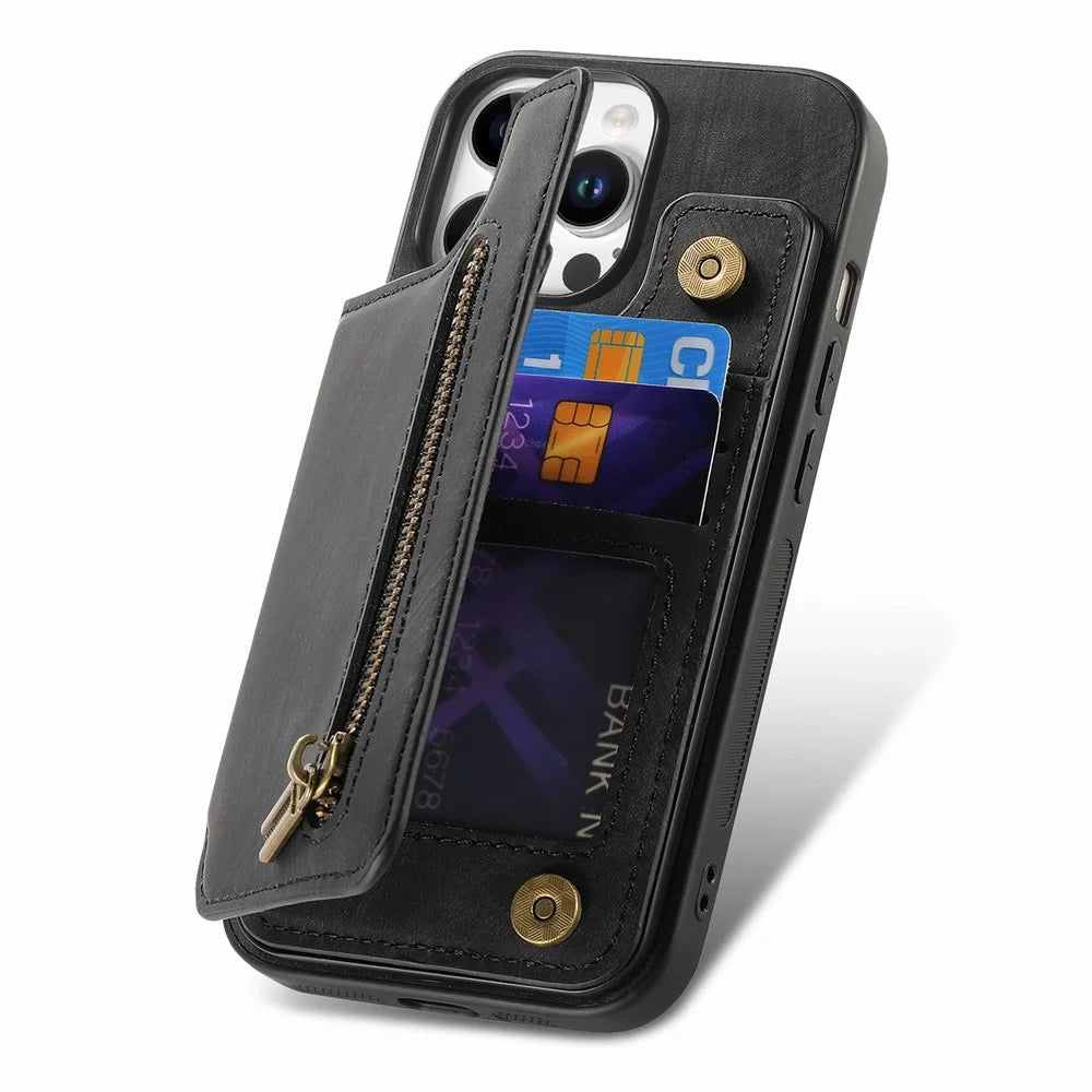 For iPhone 16 Pro Case with Zipper Card Holder Leather+TPU Phone Cover - Black - 4