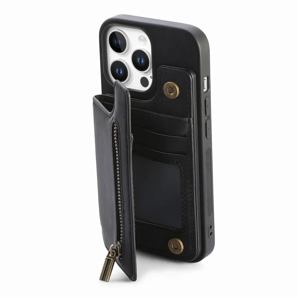 For iPhone 16 Pro Case with Zipper Card Holder Leather+TPU Phone Cover - Black - 5