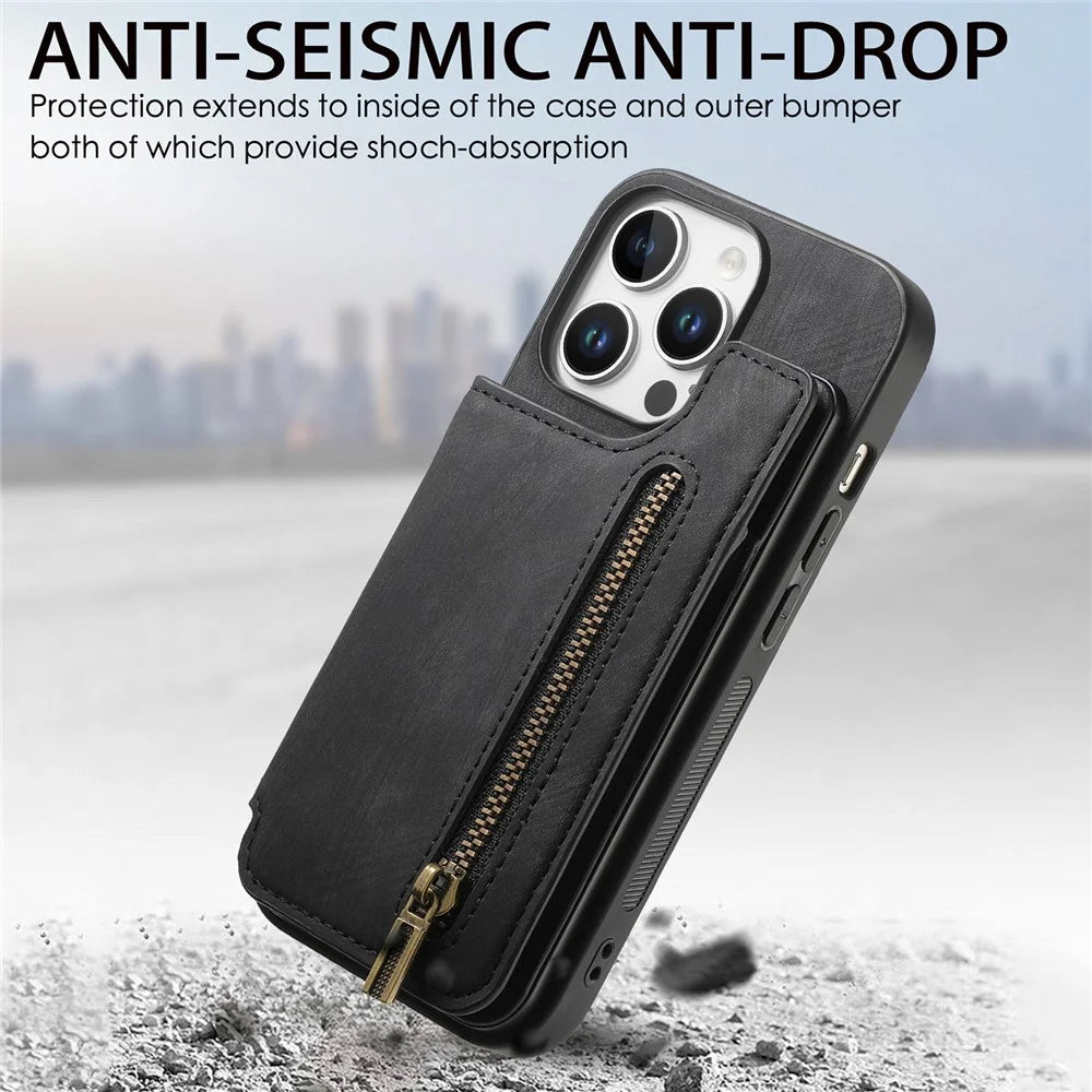 For iPhone 16 Pro Case with Zipper Card Holder Leather+TPU Phone Cover - Black - 6