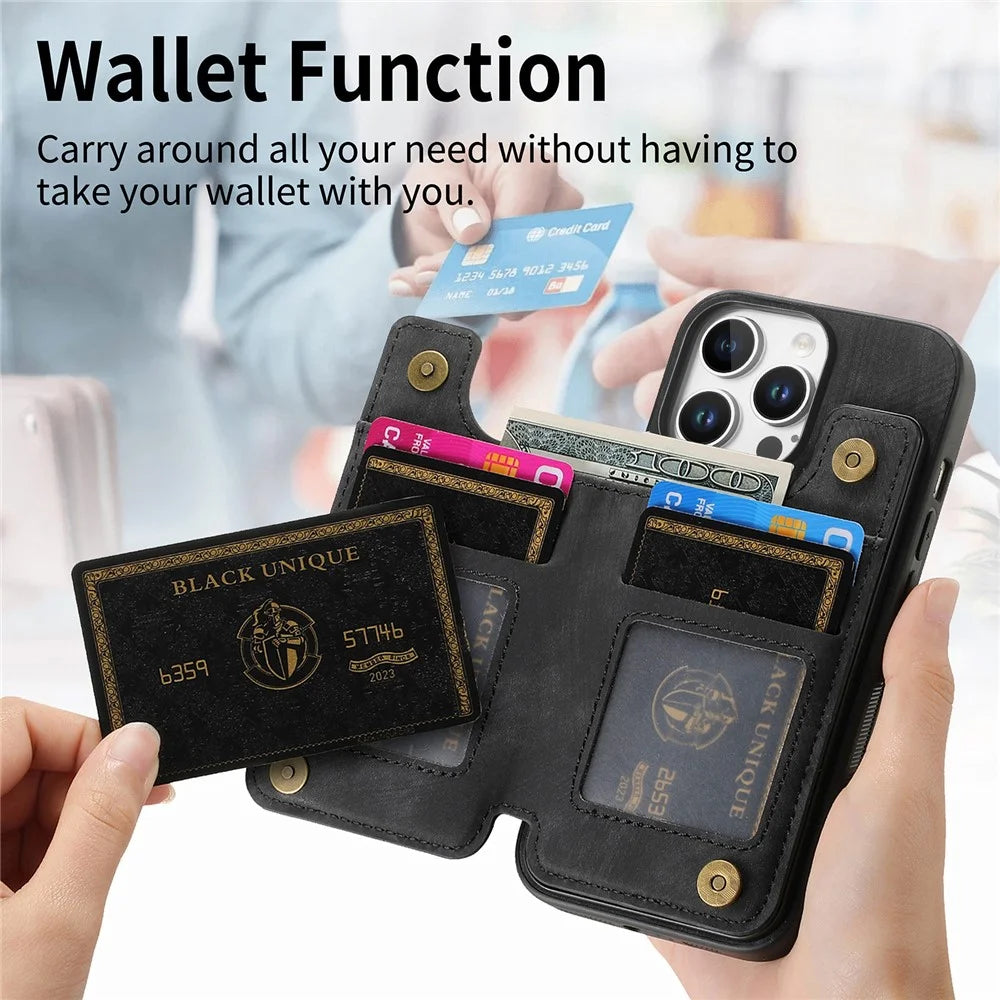 For iPhone 16 Pro Case with Zipper Card Holder Leather+TPU Phone Cover - Black - 7