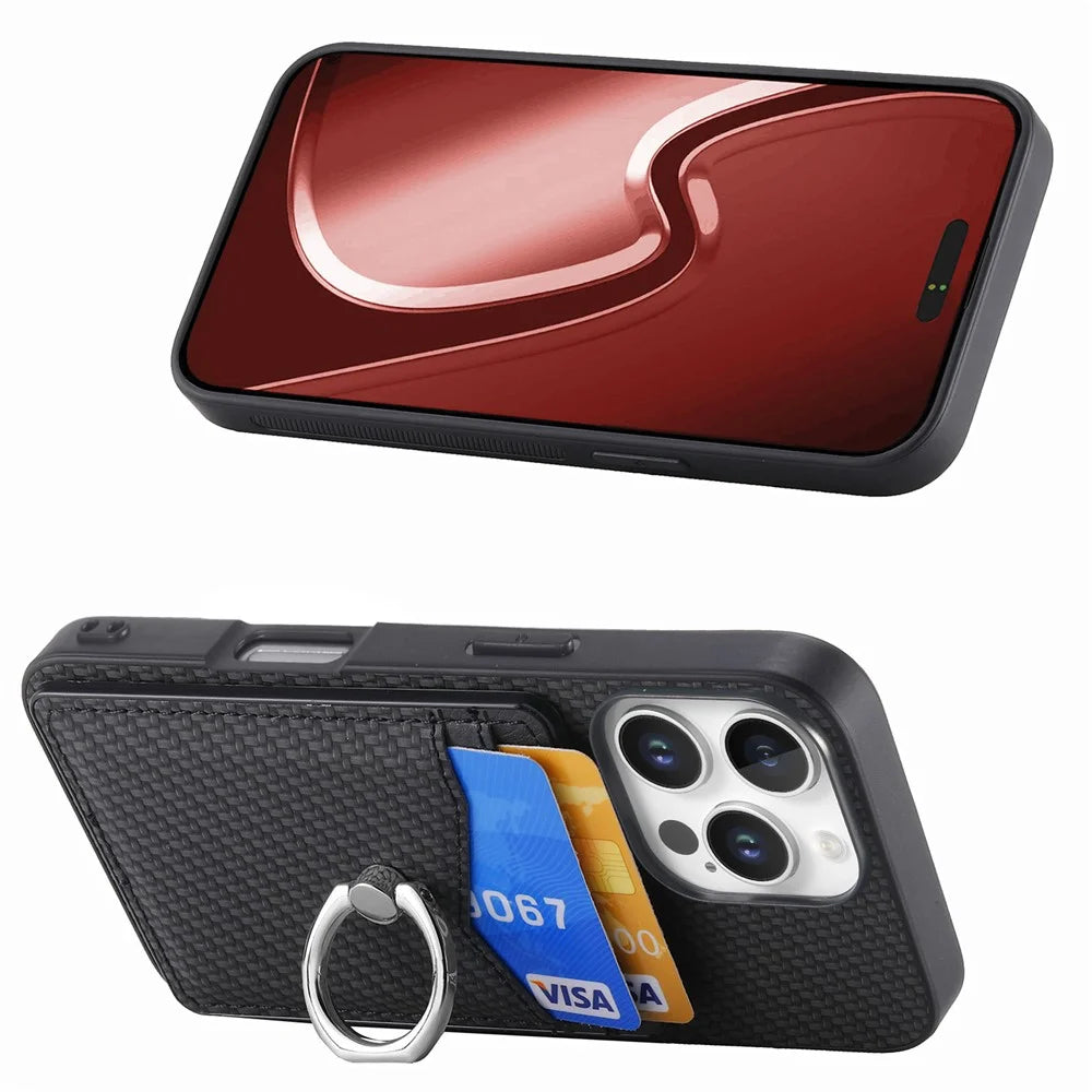For iPhone 16 Pro Case Card Slots Ring Holder Kickstand Phone Cover - Black - 2