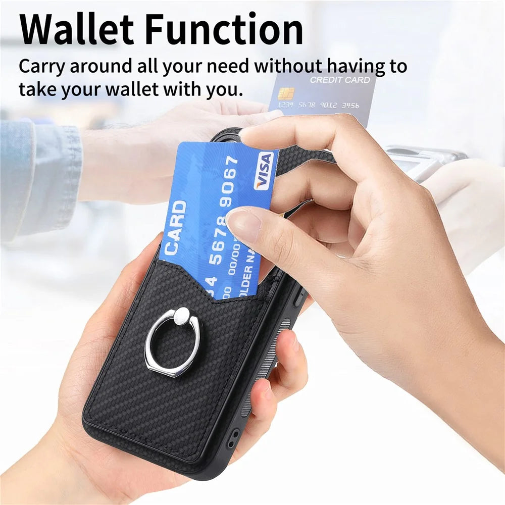 For iPhone 16 Pro Case Card Slots Ring Holder Kickstand Phone Cover - Black - 7