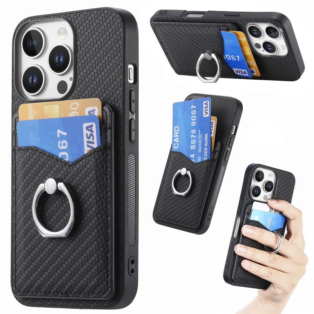 For iPhone 16 Pro Max Case Card Slots Ring Holder Kickstand Phone Cover - Black - 1
