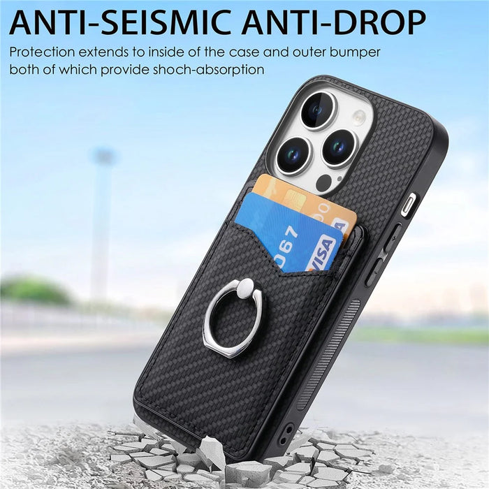 For iPhone 16 Pro Max Case Card Slots Ring Holder Kickstand Phone Cover - Black - 5