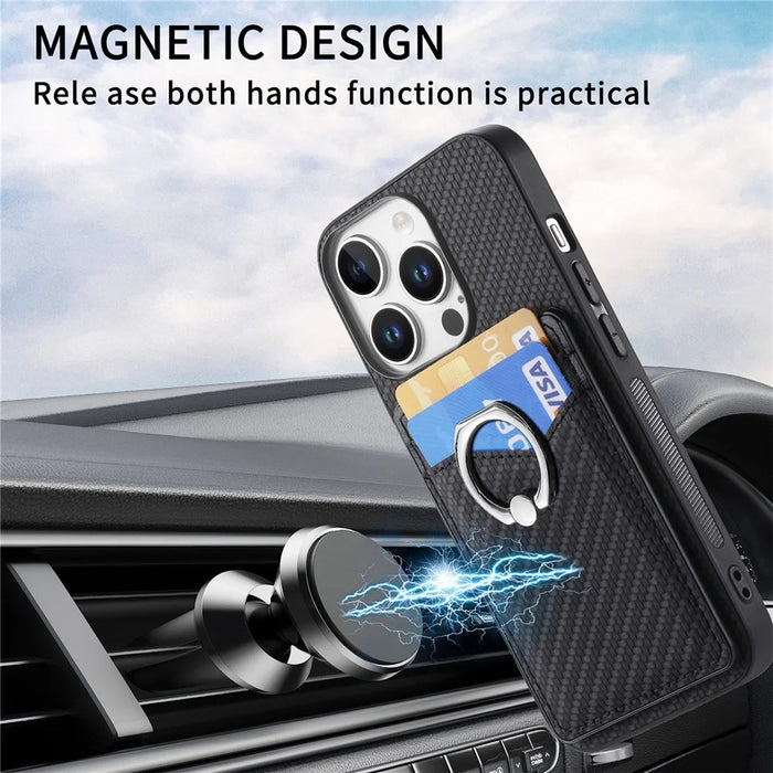 For iPhone 16 Pro Max Case Card Slots Ring Holder Kickstand Phone Cover - Black - 6