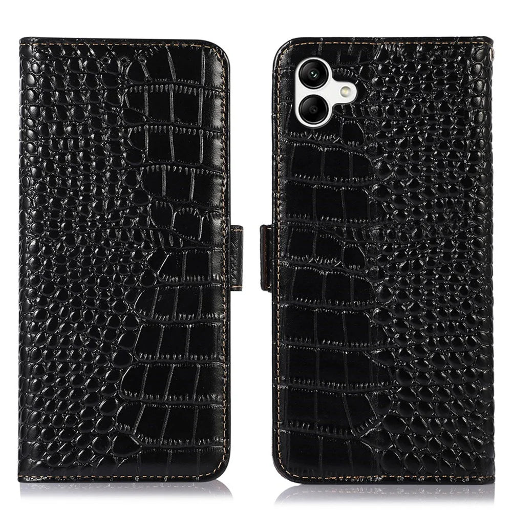 For Samsung Galaxy A04 4G (164.4 x 76.3 x 9.1 mm) Genuine Cowhide Leather Stand Wallet Cover Crocodile Texture Phone Case with RFID Blocking - Black - 1