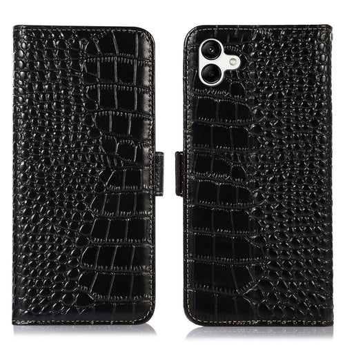 For Samsung Galaxy A04 4G (164.4 x 76.3 x 9.1 mm) Genuine Cowhide Leather Stand Wallet Cover Crocodile Texture Phone Case with RFID Blocking - Black - 1