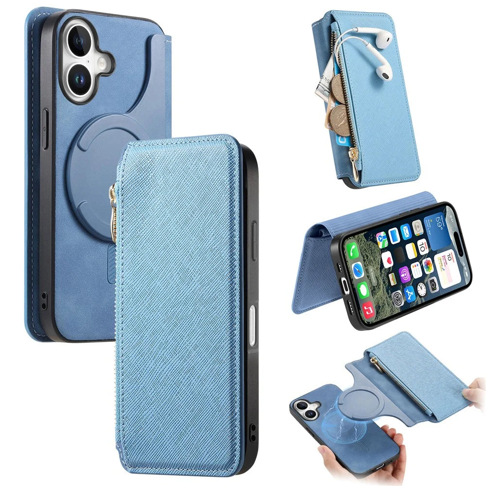 For iPhone 16 Plus Case Cross Texture Leather Detachable Magnetic Phone Cover - Blue - 1