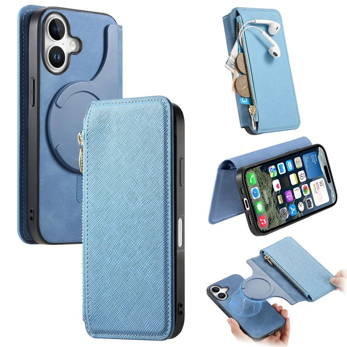 For iPhone 16 Plus Case Cross Texture Leather Detachable Magnetic Phone Cover - Blue - 1