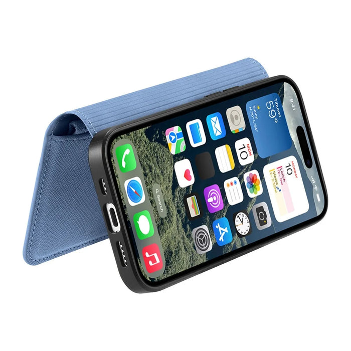 For iPhone 16 Plus Case Cross Texture Leather Detachable Magnetic Phone Cover - Blue - 3