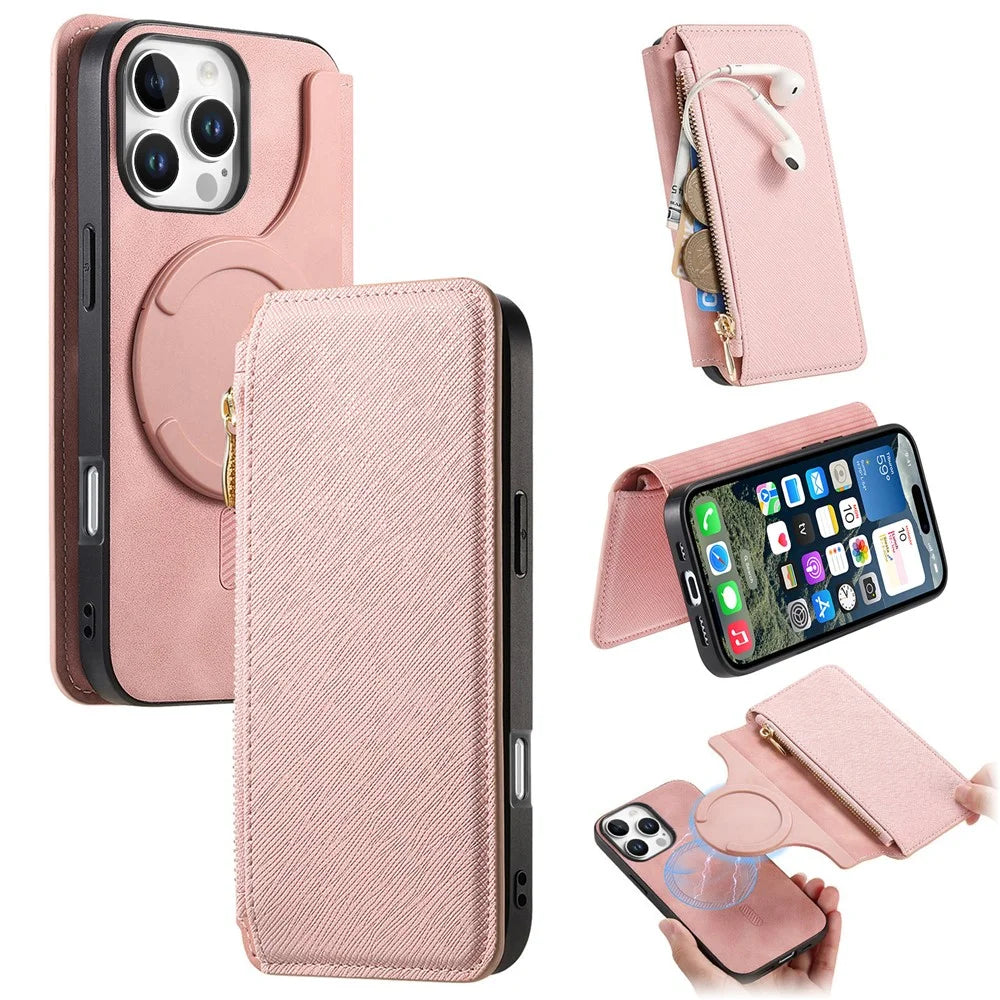 For iPhone 16 Pro Case Cross Texture Leather Detachable Magnetic Phone Cover - Pink - 1