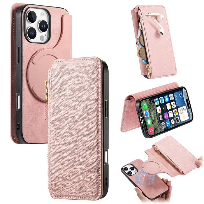 For iPhone 16 Pro Case Cross Texture Leather Detachable Magnetic Phone Cover - Pink - 1