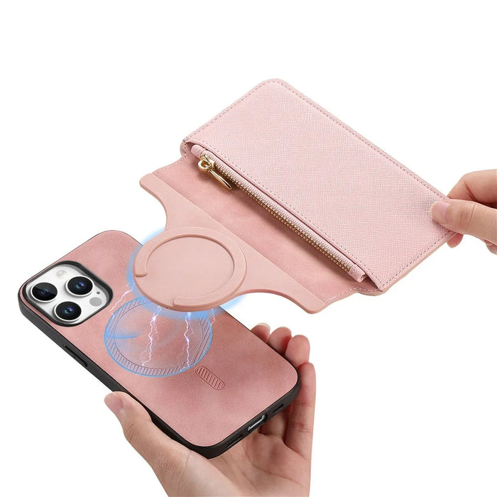 For iPhone 16 Pro Case Cross Texture Leather Detachable Magnetic Phone Cover - Pink - 4