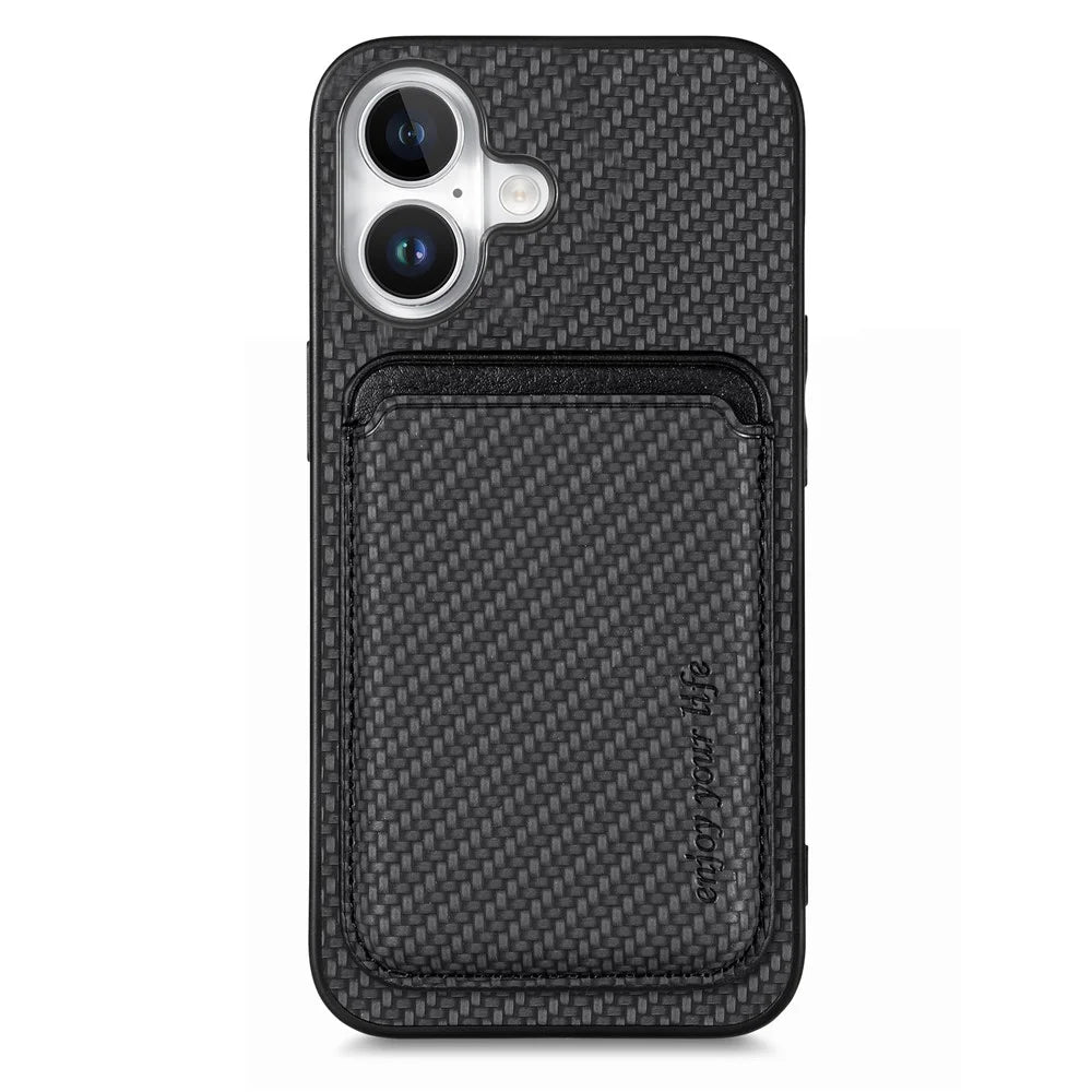 For iPhone 16 Case Carbon Fiber Leather Back Cover with Detachable Card Bag - Black - 1