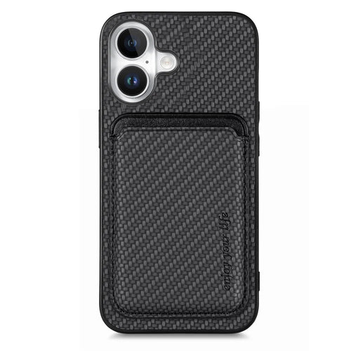 For iPhone 16 Case Carbon Fiber Leather Back Cover with Detachable Card Bag - Black - 1