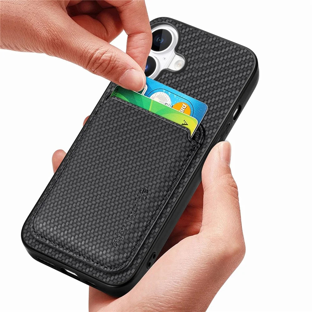 For iPhone 16 Case Carbon Fiber Leather Back Cover with Detachable Card Bag - Black - 2