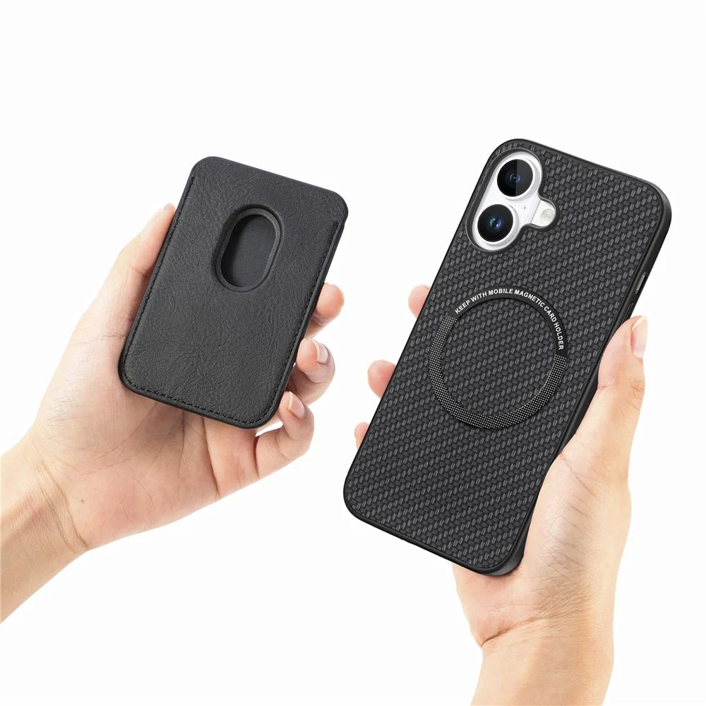 For iPhone 16 Case Carbon Fiber Leather Back Cover with Detachable Card Bag - Black - 3