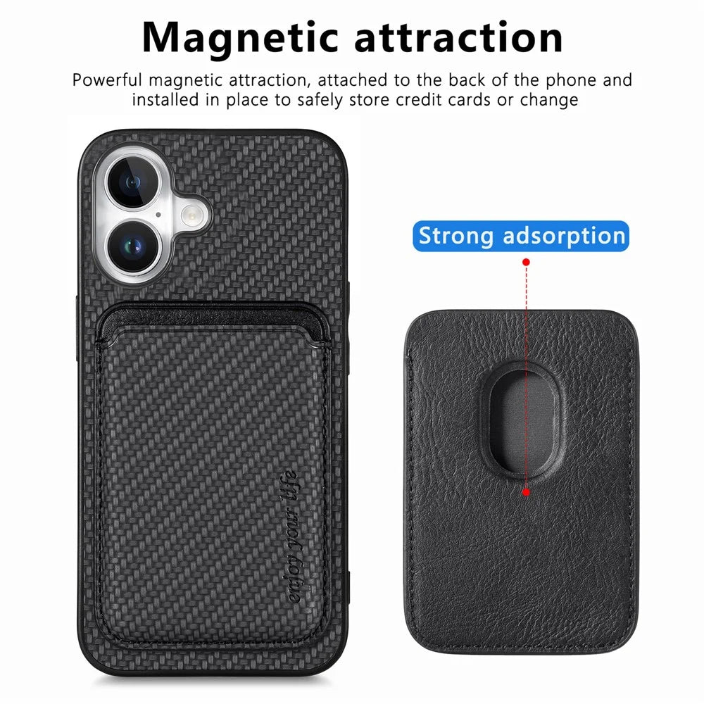 For iPhone 16 Case Carbon Fiber Leather Back Cover with Detachable Card Bag - Black - 4