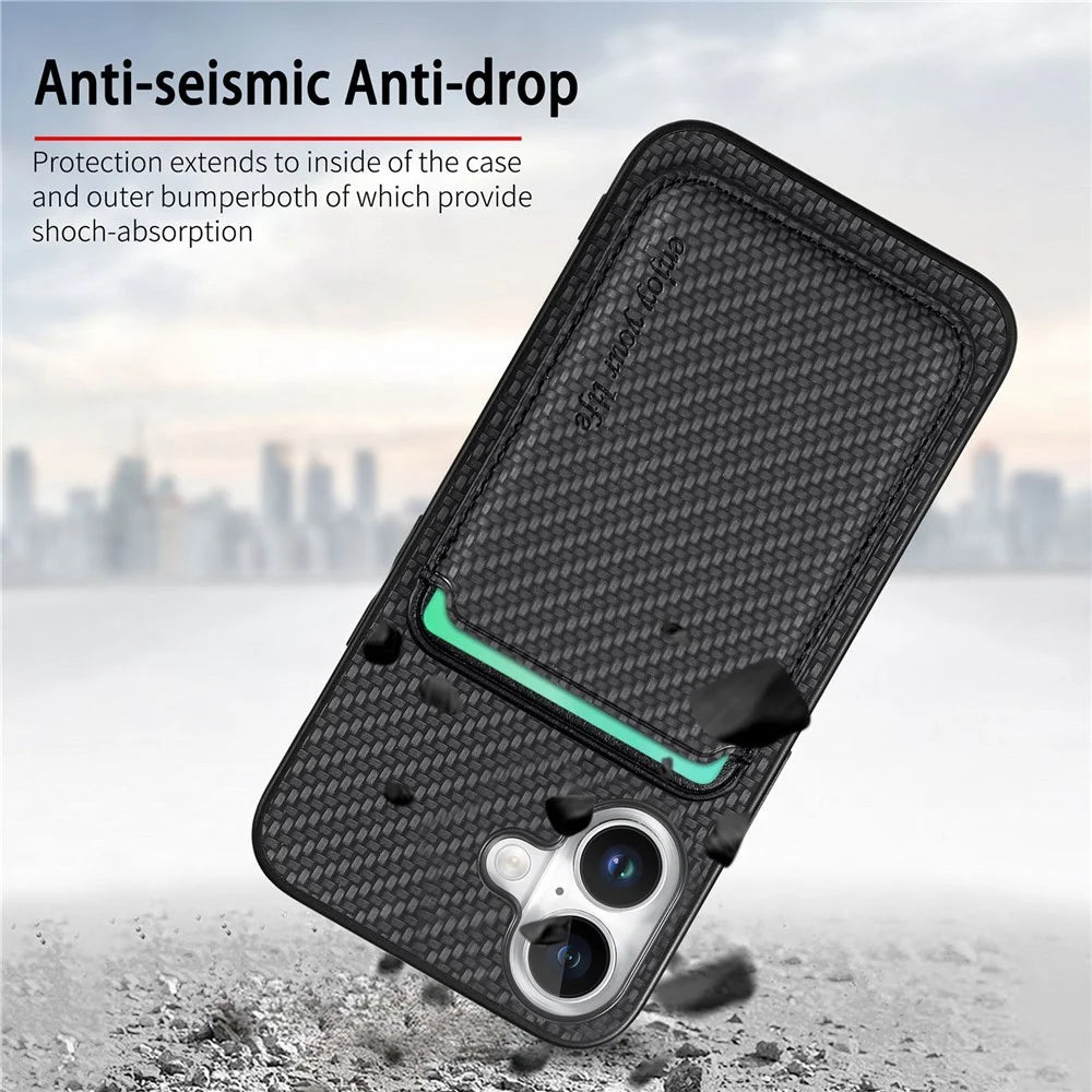 For iPhone 16 Case Carbon Fiber Leather Back Cover with Detachable Card Bag - Black - 5
