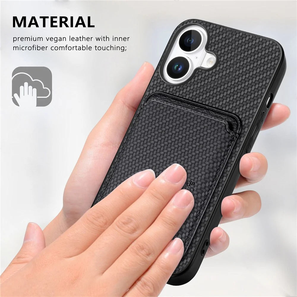 For iPhone 16 Case Carbon Fiber Leather Back Cover with Detachable Card Bag - Black - 6