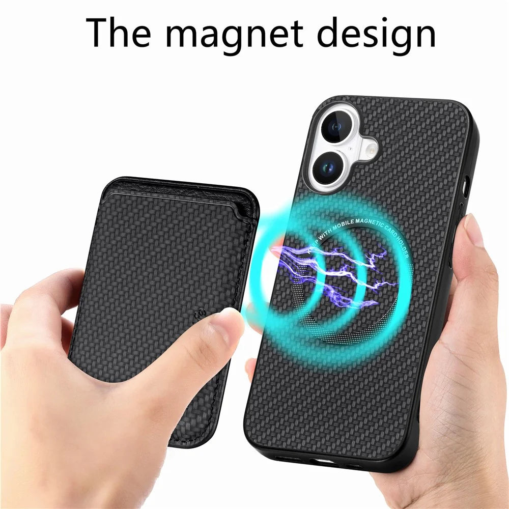 For iPhone 16 Case Carbon Fiber Leather Back Cover with Detachable Card Bag - Black - 7